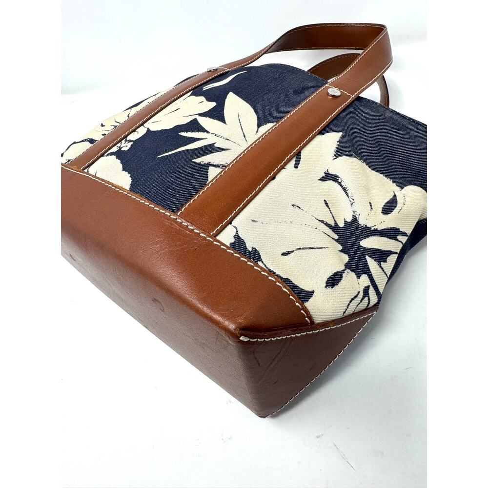 Celine Y2K 2004 hibiscus Blue Print Floral Canvas and Brown Leather bag - Picture 4 of 11